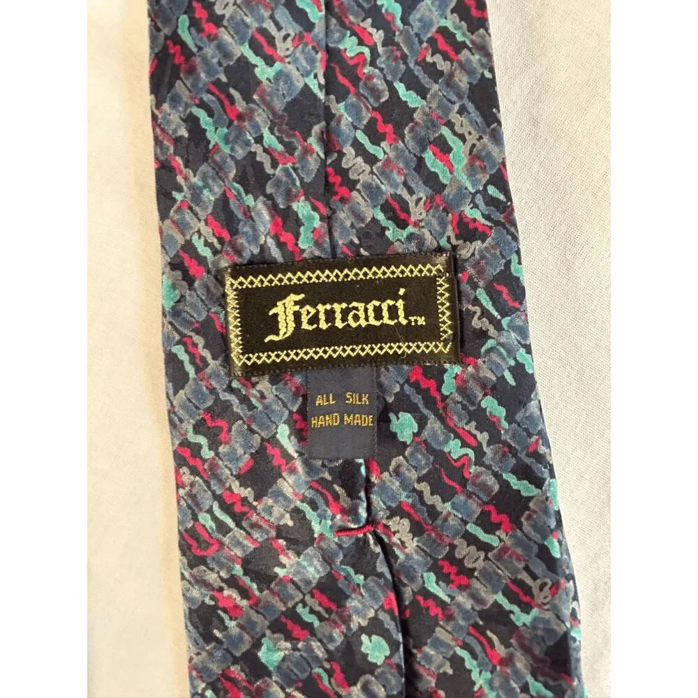Ferracci Tie Lot of Two, One NWT, One Used & Silk Blue/Purple/Gray, Geometric